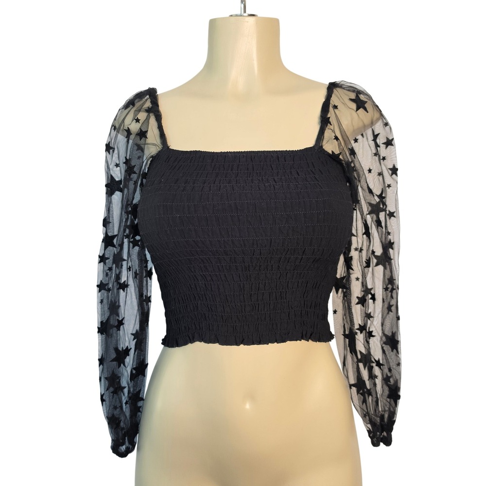 Altar'd State Top Women XS Black Star Mesh Sleeve Smocked Crop Whimsygoth Witchy